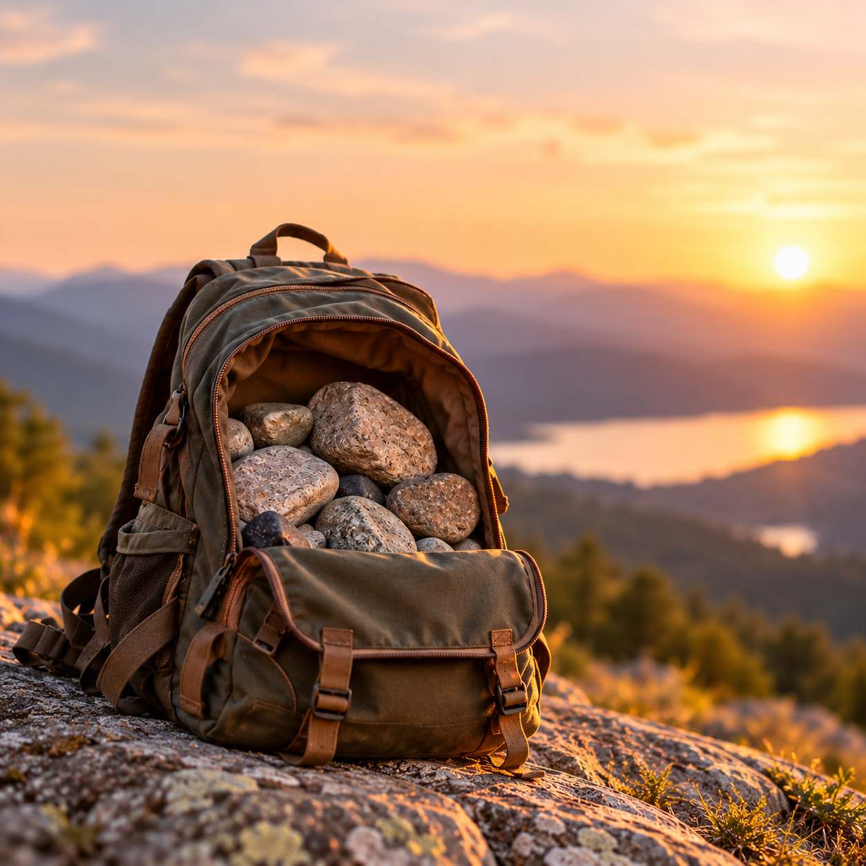 An open backpack filled with rocks at sunset, symbolizing the weight of past experiences