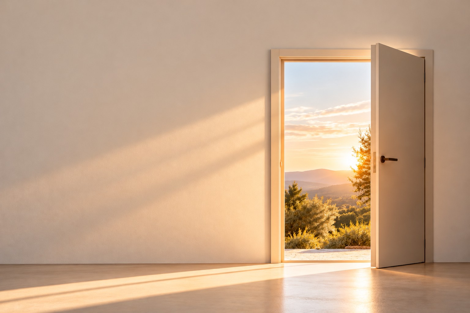 Open door leading from a quiet room into a sunlit landscape, symbolizing new beginnings after a toxic relationship