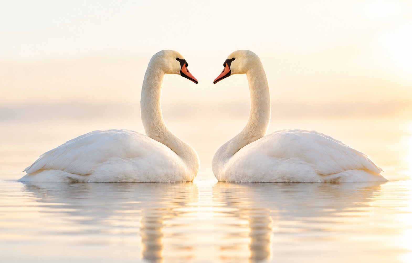 Two white swans facing each other on calm water, their necks gently curved toward one another